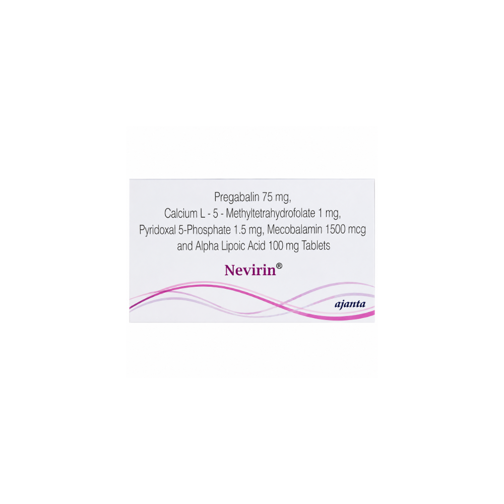 Nevirin Tablet Nevirin medication packaging with detailed ingredient list on a white background