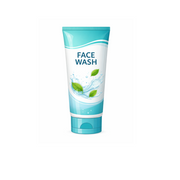 Tube of face wash with a blue and white design on a white background