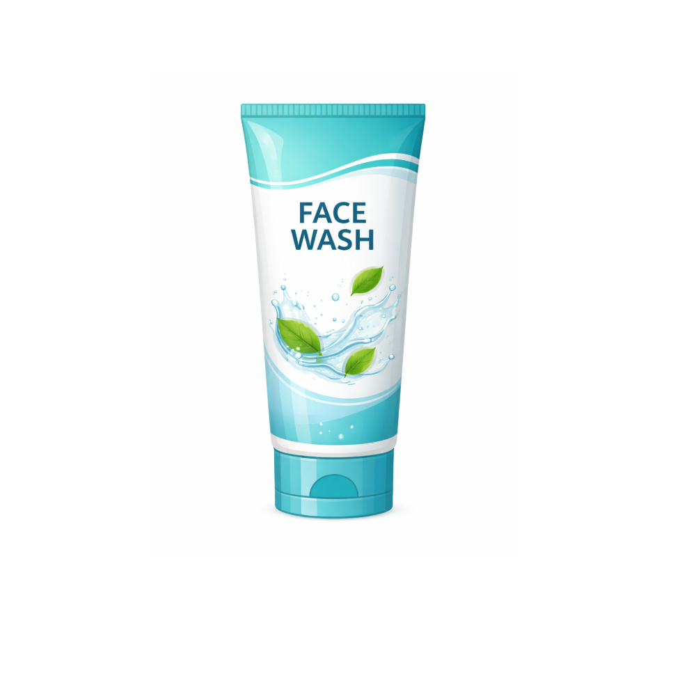 Tube of face wash with a blue and white design on a white background