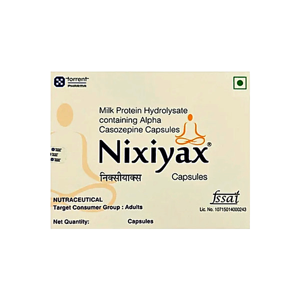 Box of Nixiyax capsules with branding and product details on a beige background