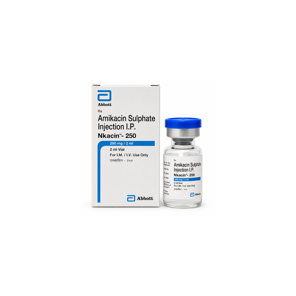 Amikacin Sulphate Injection I.P. packaging with Abbott branding on a white background