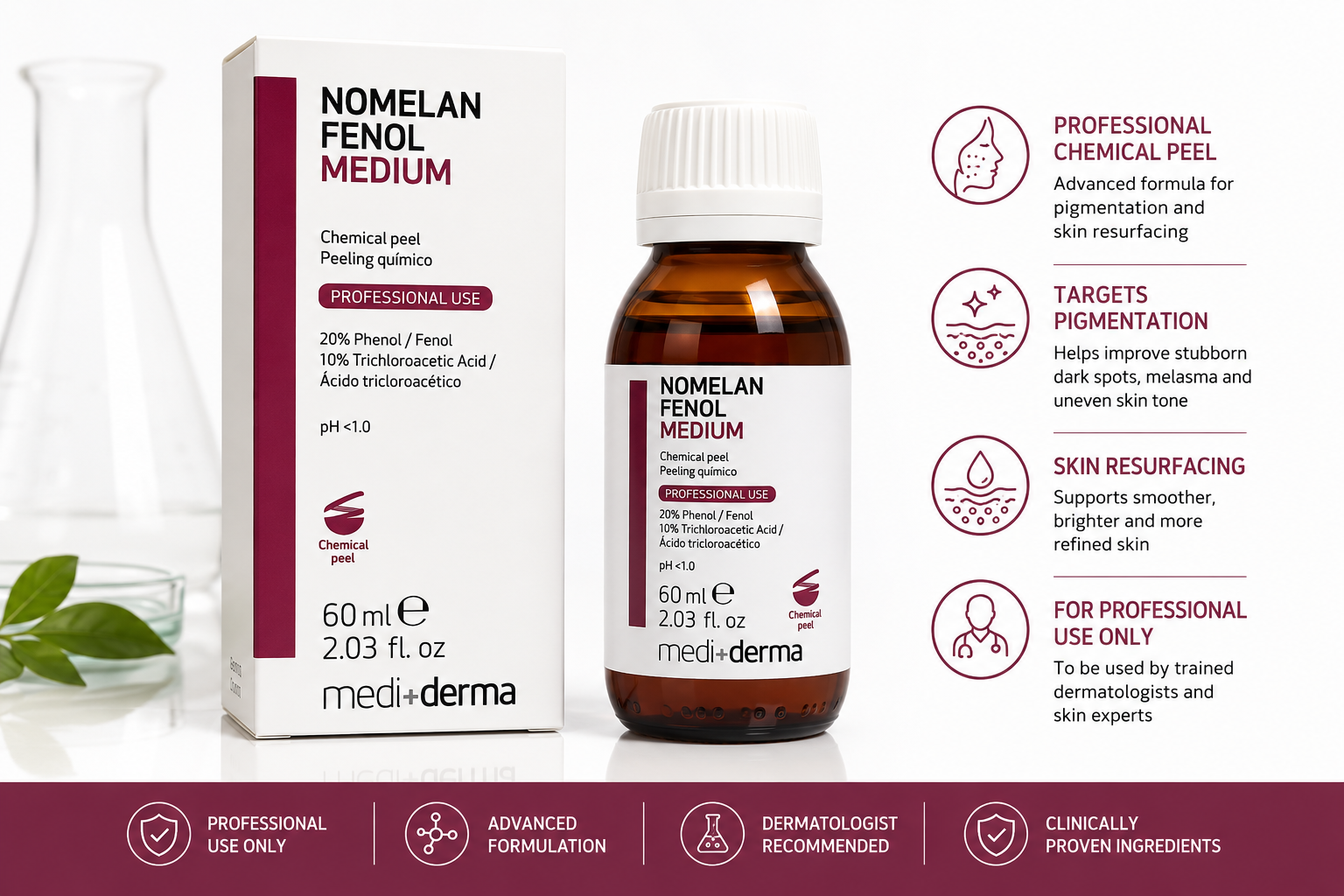 Medi-Derma Nomelan Fenol Medium chemical peel kit, featuring a white and red outer box, an amber glass bottle with a white cap, and a white background with dark pink informational callout panels on the right and bottom.Nomelan Fenol Medium 60ml Professional Chemical Peel Solution by Medi+Derma in amber glass bottle with white cap for pigmentation and skin resurfacing treatments.