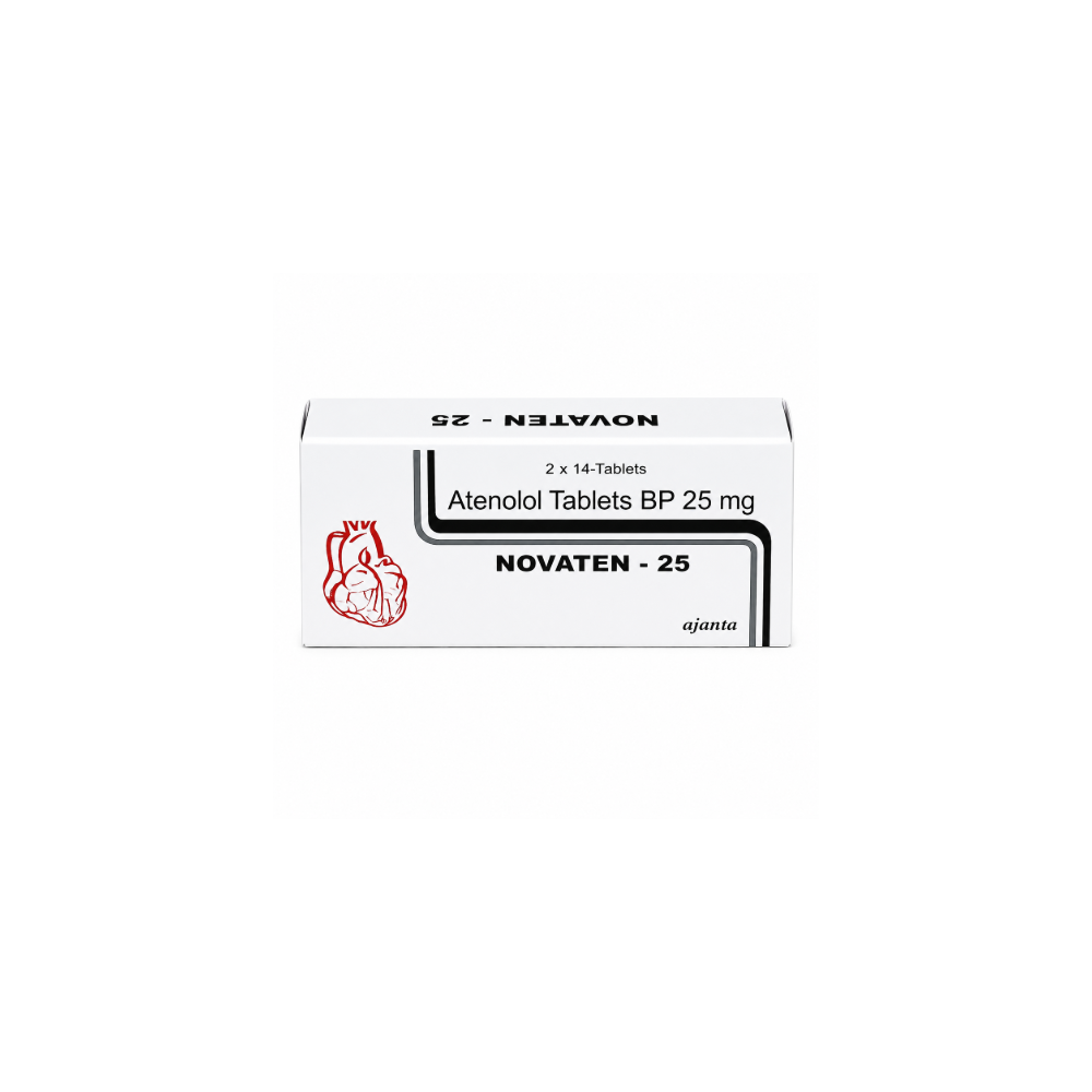 Box of Novaten Atenolol Tablets BP 25 mg on a white background