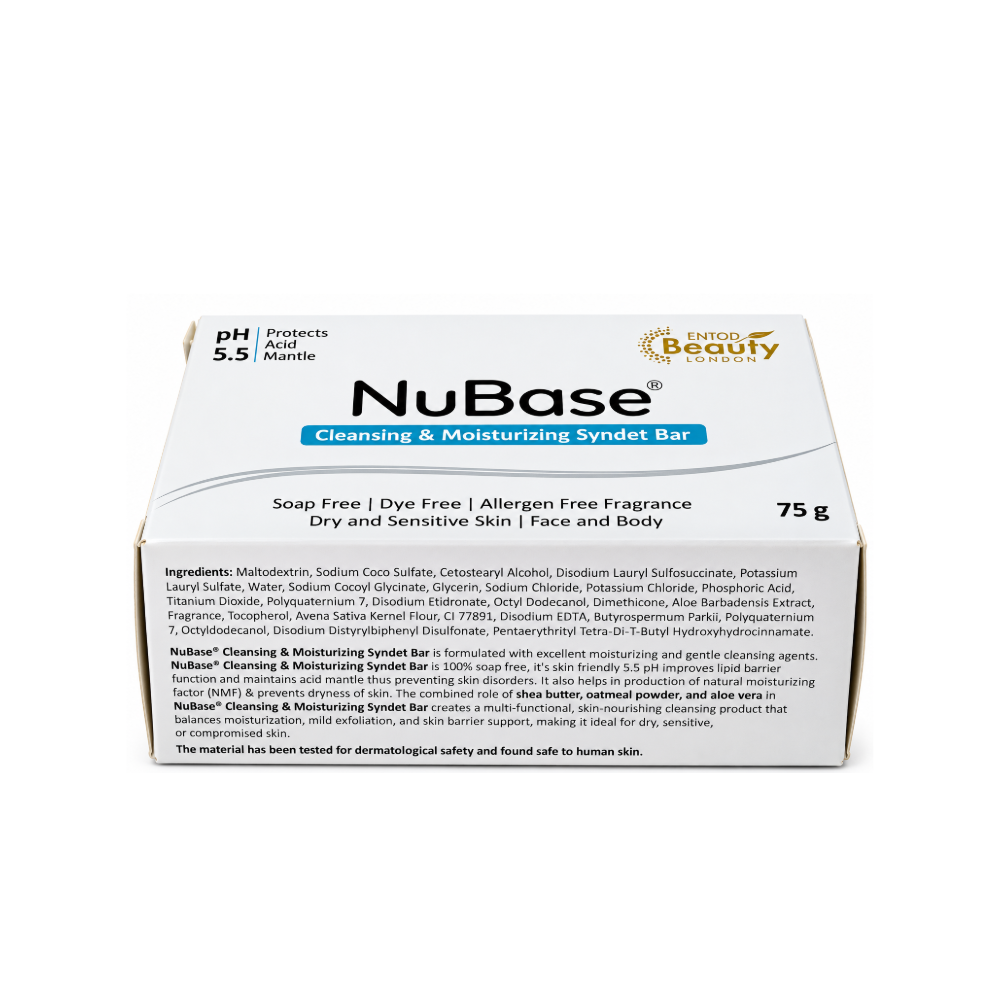 NuBase Cleansing and Moisturizing Syndet Bar 75 g by Entod Beauty London, showing ingredients, pH 5.5 formulation, and product details for dry and sensitive skin.