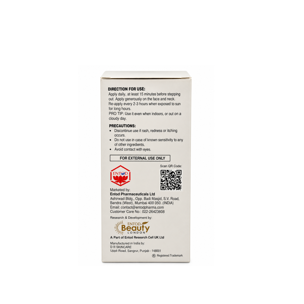 Back packaging of NuCerum Anti Spot Serum 30 ml by ENTOD Beauty London, showing directions for use, precautions, external use warning, QR code, and manufacturer details.