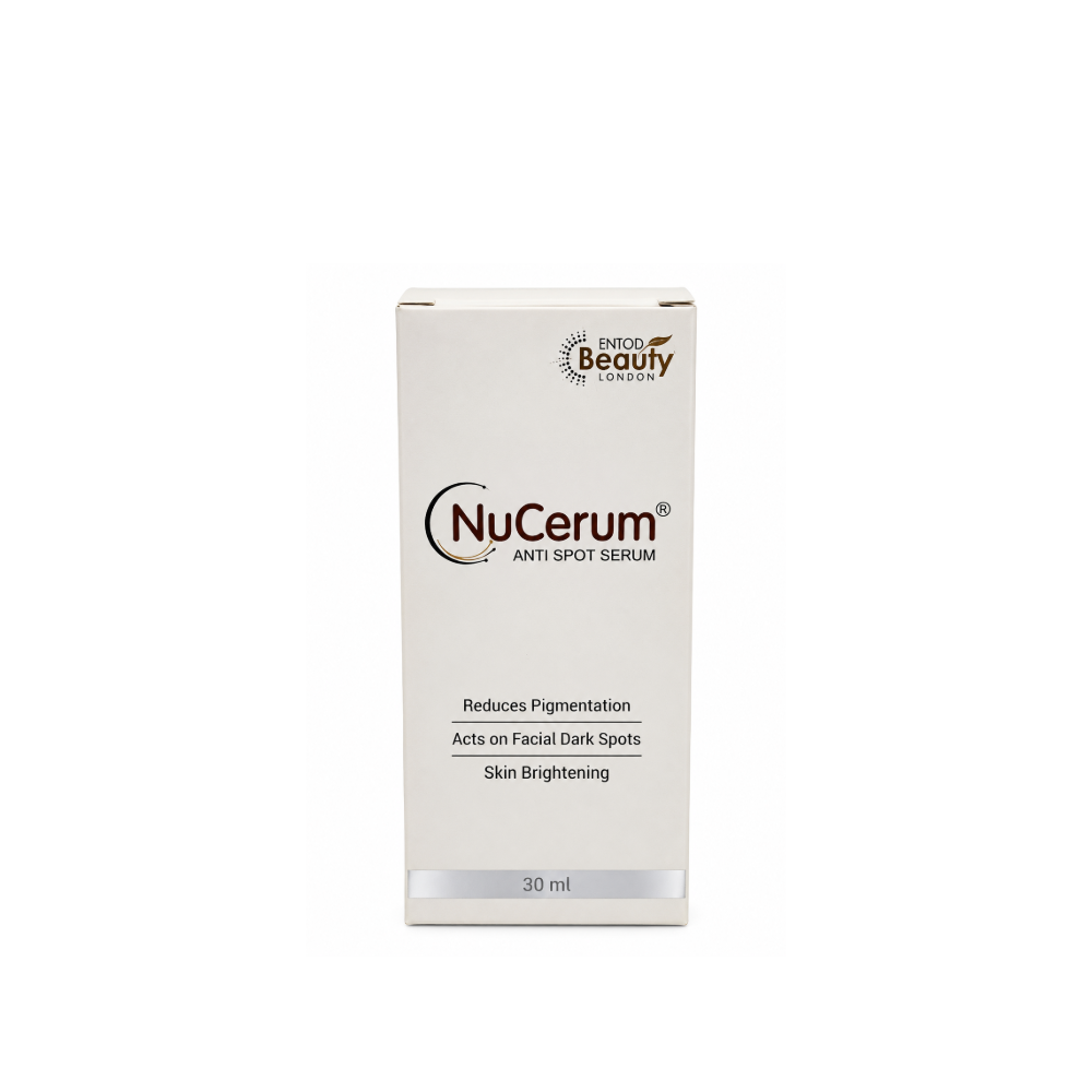 NuCerum Anti Spot Serum 30 ml by ENTOD Beauty London for facial dark spots, pigmentation reduction, and skin brightening.