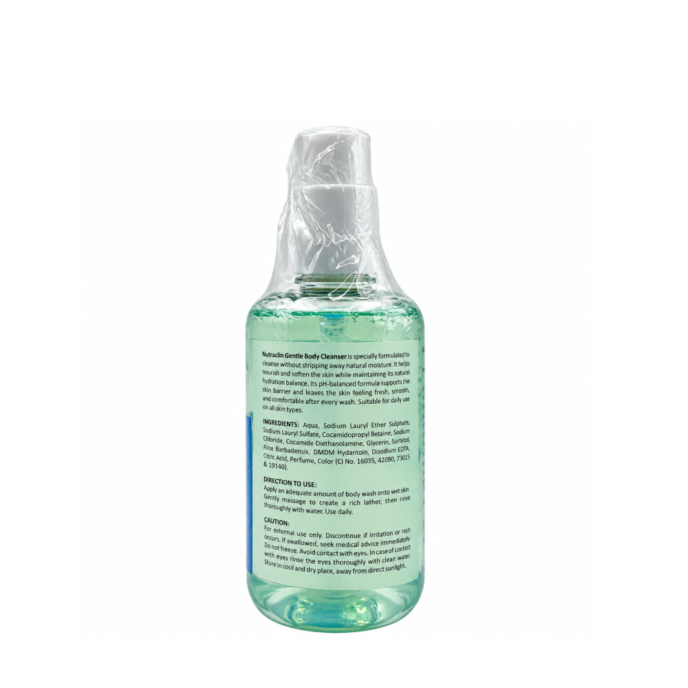 Back view of NutraClin Gentle Body Cleanser 300 ml showing ingredients, directions to use and safety information