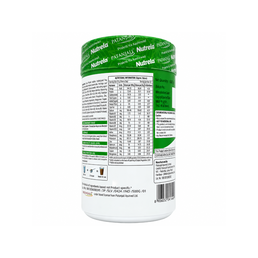 Patanjali Nutrela Green Plant Protein ingredients, allergen information, storage and usage instructions