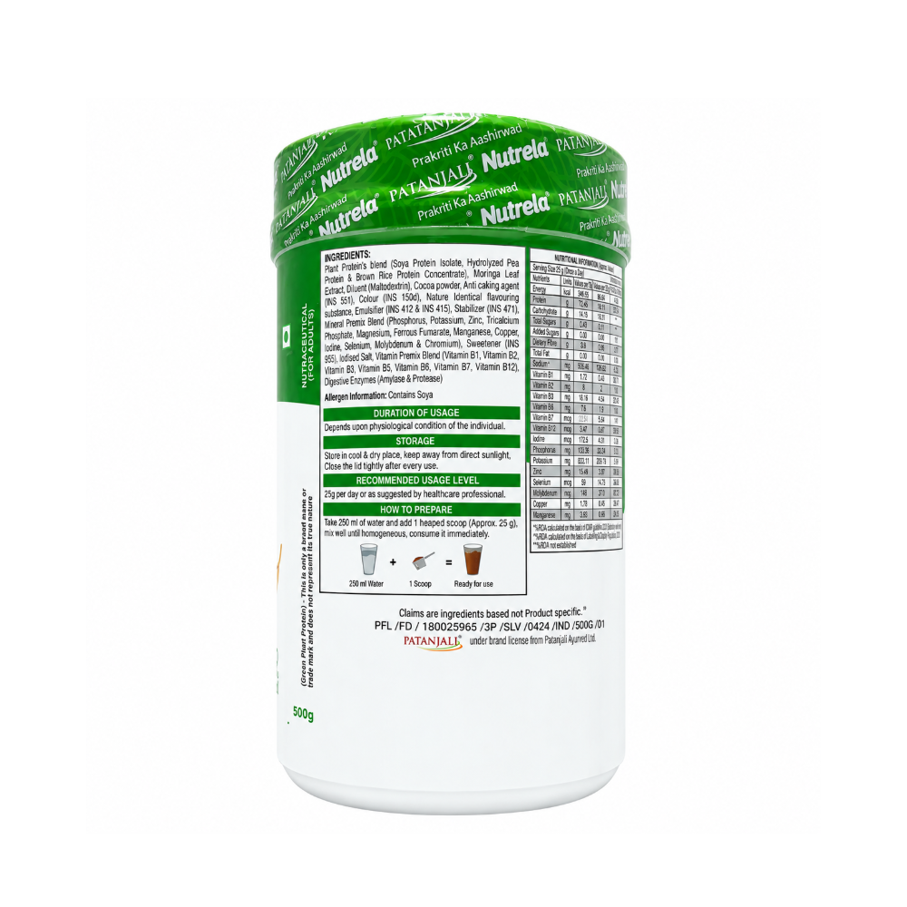 Patanjali Nutrela Green Plant Protein nutrition information showing protein, calories, vitamins and minerals per 25g serving
