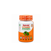 Nutrela Vitamin B-Complex supplement bottle containing 30 capsules with Spirulina, Moringa, Spinach and Rose Hip extracts