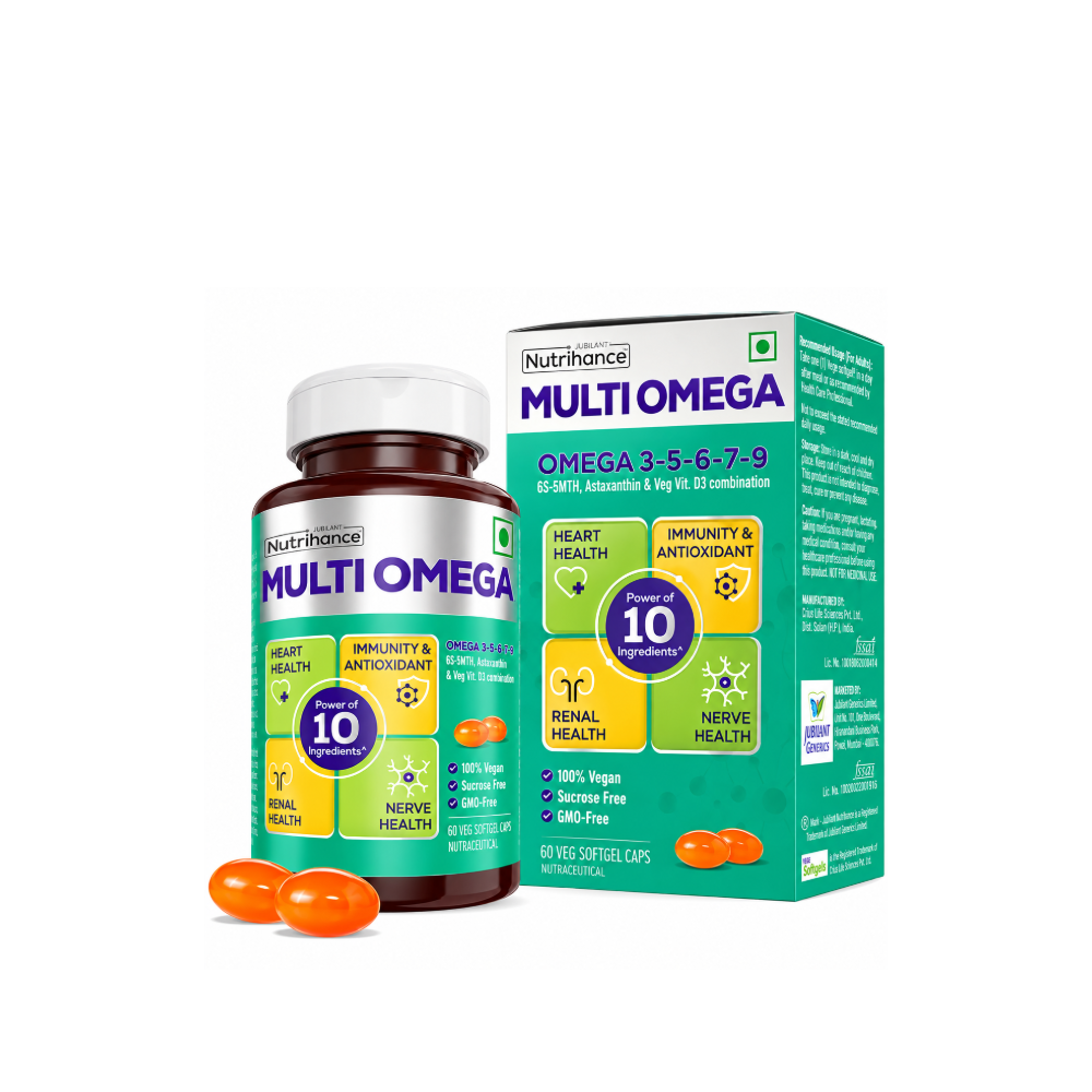 Jubilant Nutrihance Multi Omega bottle and green carton containing 30 vegan softgel capsules.