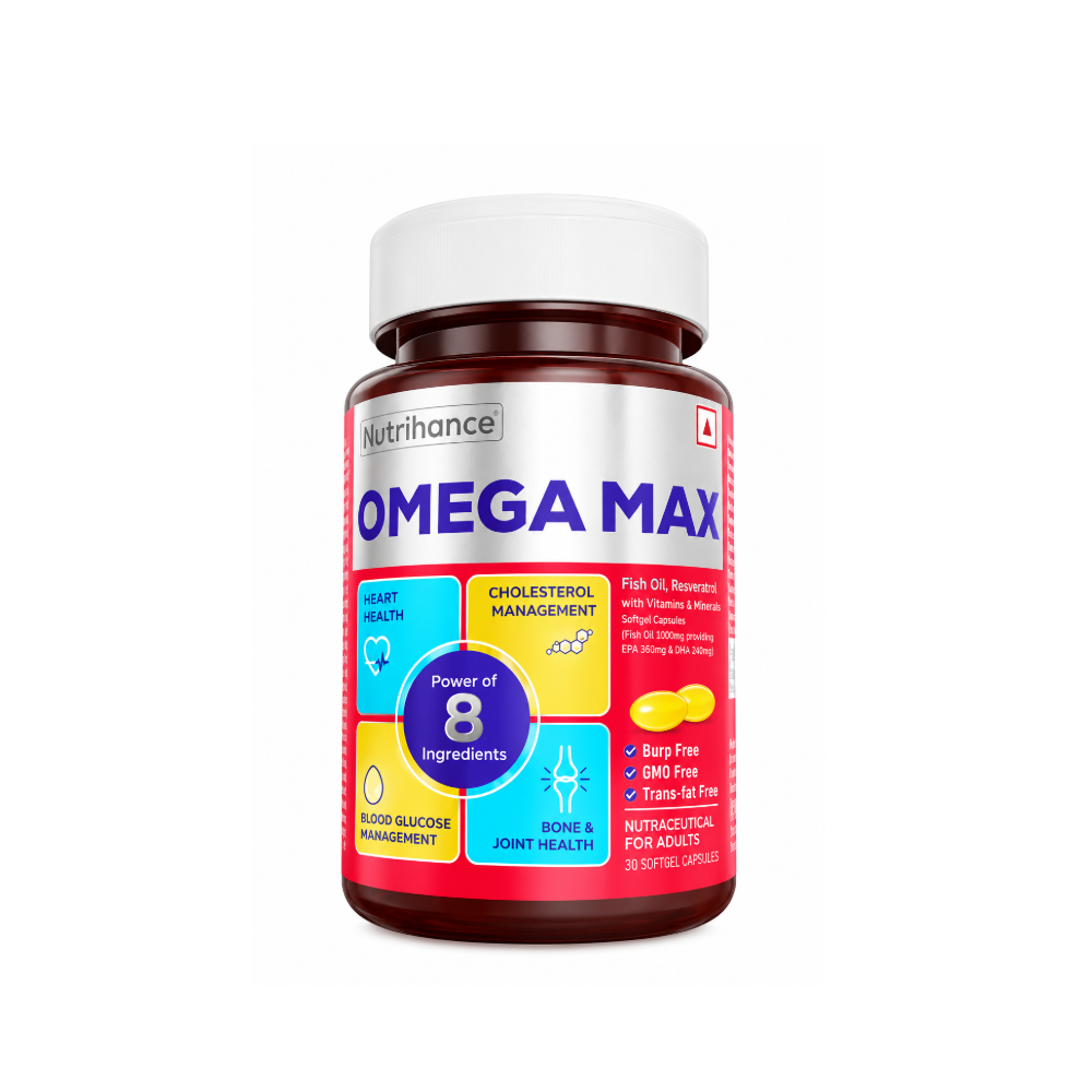Nutrihance Omega Max fish oil 1000 mg bottle containing omega-3 EPA and DHA with resveratrol, vitamins and minerals.