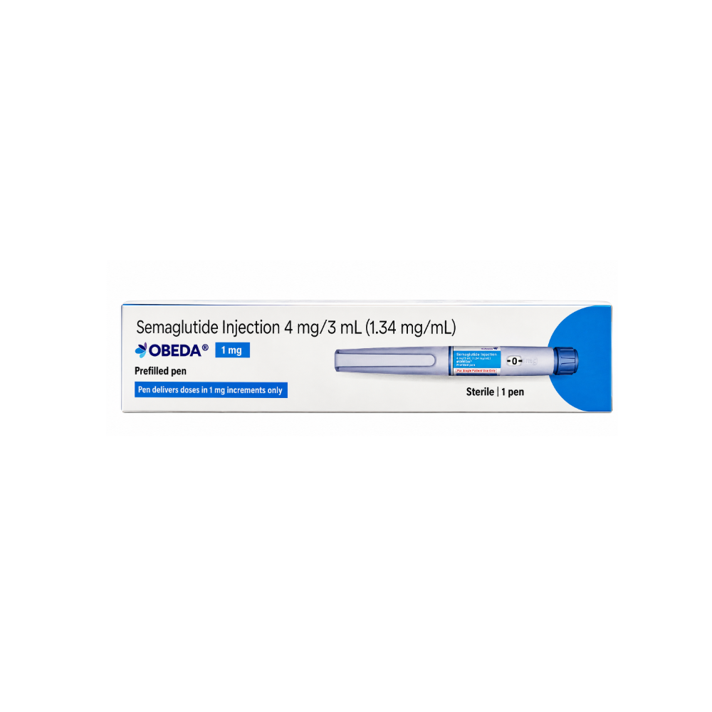 Front view of OBEDA 1mg semaglutide injection prefilled pen packaging showing 4 mg/3 mL strength and one sterile pen.