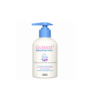 Olebest Baby Body Wash bottle with blue pump, featuring a gentle cleansing formula for baby's delicate skin and a stated skin-friendly pH.