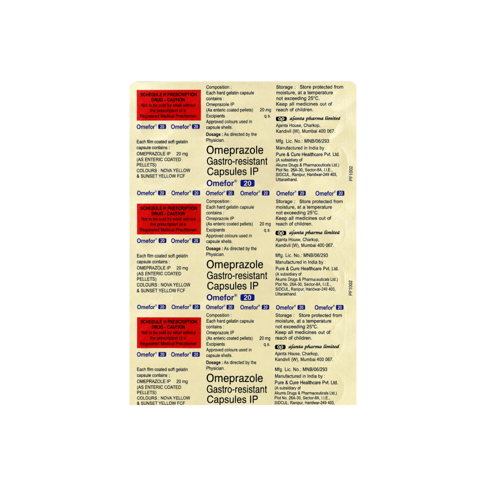  Omefor 20 Capsule Omeprazole gastro-resistant capsules packaging with detailed label on a white background