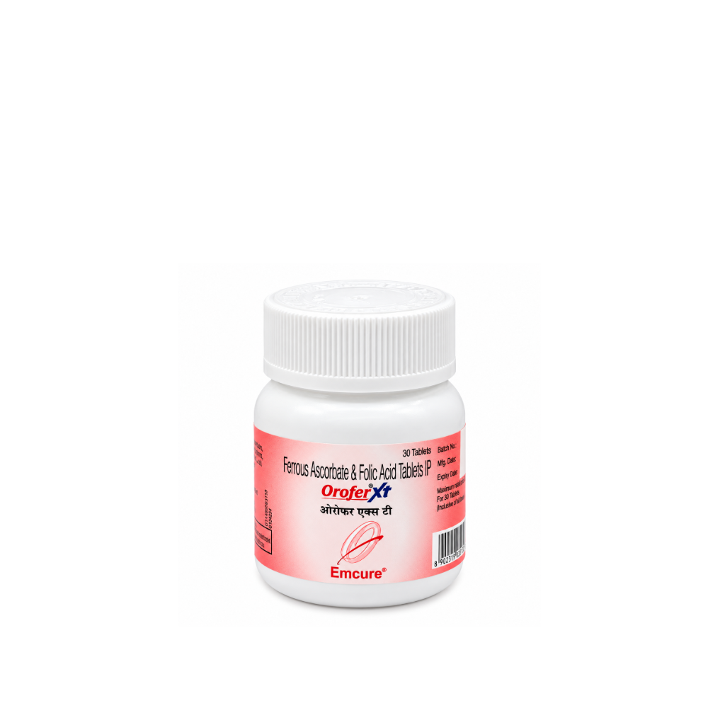 Orofer XT Emcure Ferrous Ascorbate and Folic Acid film-coated tablets 30 tablet bottle front view