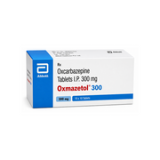 Box of Oxcabazepine Tablets I.P. 300 mg by Abbott on a white background