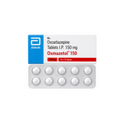 Packaging of Oxcarbazepine tablets with Abbott logo on a white background