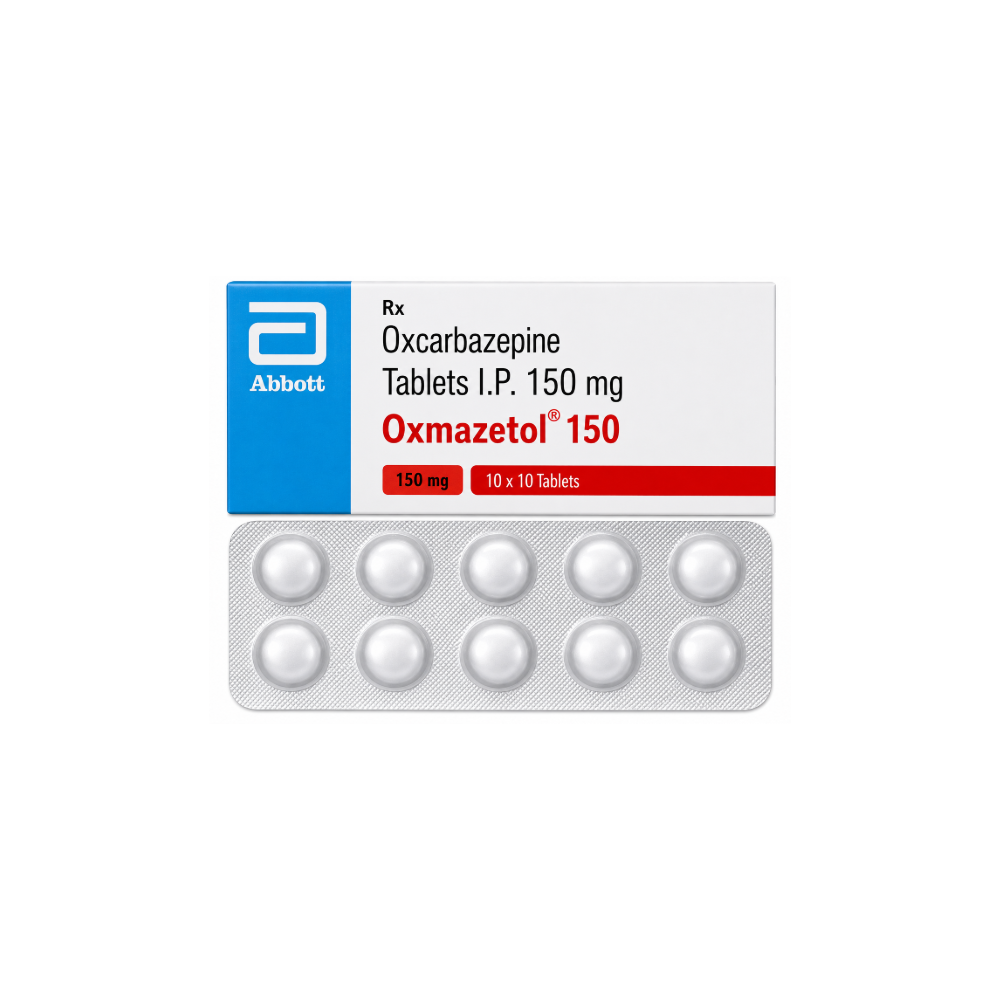 Packaging of Oxcarbazepine tablets with Abbott logo on a white background