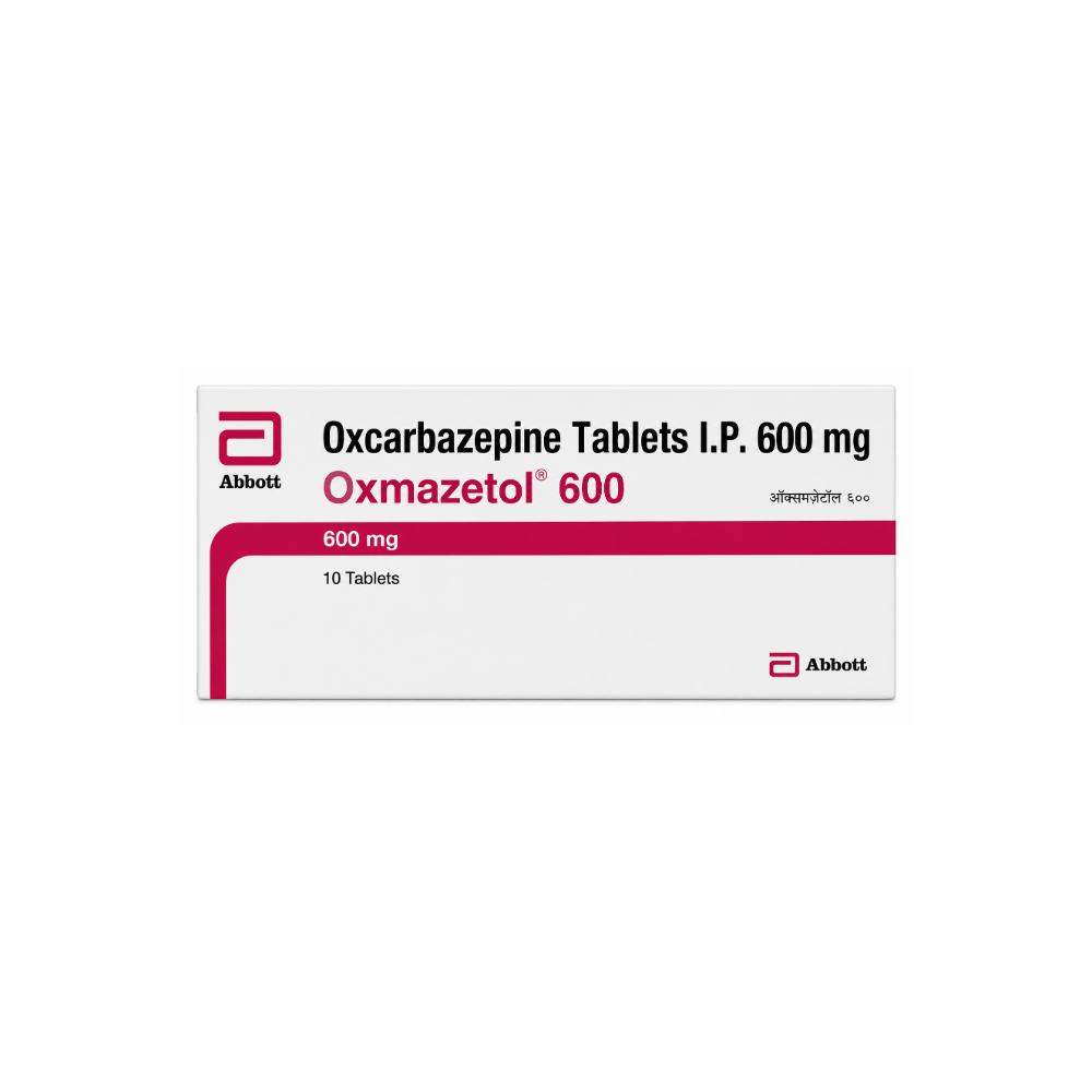 Box of Oxcarbazepine Tablets I.P. 600 mg by Abbott on a white background