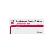 Box of Oxcarbazepine Tablets I.P. 600 mg by Abbott on a white background