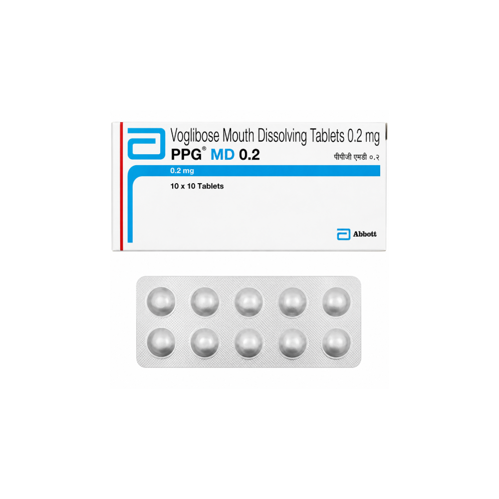 PPG MD 0.2 mg Voglitbose mouth dissolving tablets packaging with Abbott logo on a white background