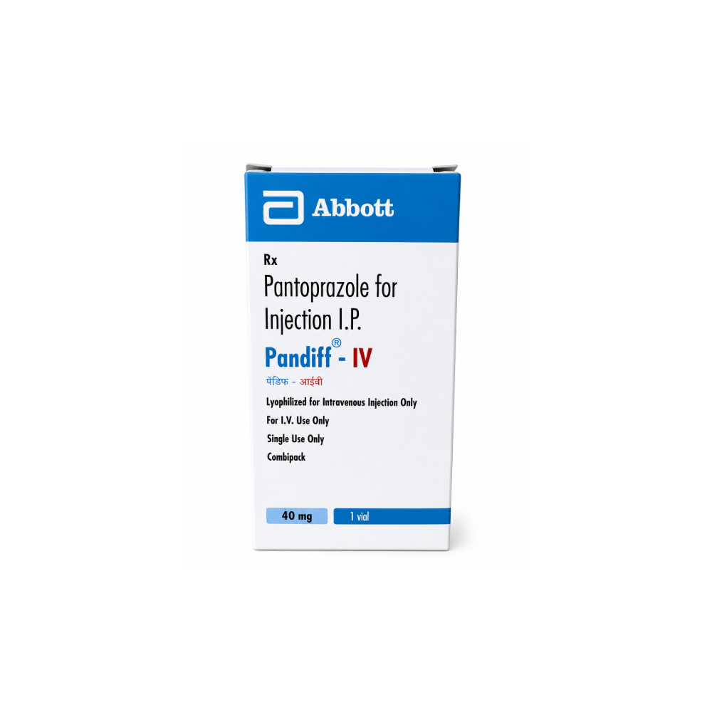 Pandiff-40mg-Injection Salt Composition:-Pantoprazole (40mg) Pack Of:-10 ml in 1 vial Uses:-Gastroesophageal reflux disease (Acid reflux)Peptic ulcer disease Manufacturer/Marketer Address:-Abbott,16th Floor, Godrej BKC, Plot – C, “G” Block, Bandra-Kurla Complex, Bandra (East), Mumbai – 400 051, India