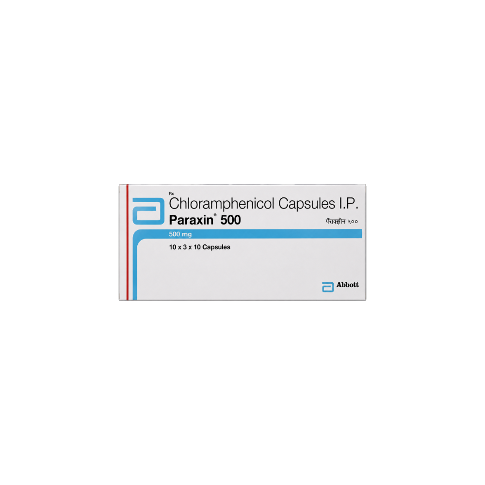 Paraxin-500-Capsule Salt Composition:-Chloramphenicol (500mg) Pack Of:-10 capsules in 1 strip Uses:-Bacterial infections Manufacturer/Marketer Address:-Abbott,16th Floor, Godrej BKC, Plot – C, “G” Block, Bandra-Kurla Complex, Bandra (East), Mumbai – 400 051, India