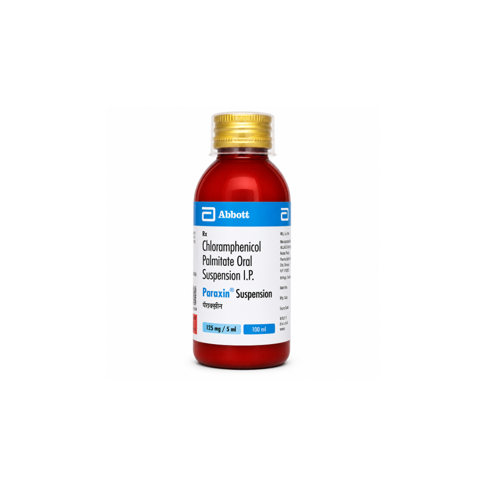 Paraxin-Suspension Salt Composition:-Chloramphenicol (125mg/5ml) Pack Of:-100 ml in 1 bottle Uses:-Bacterial infections Manufacturer/Marketer Address:-Abbott,16th Floor, Godrej BKC, Plot – C, “G” Block, Bandra-Kurla Complex, Bandra (East), Mumbai – 400 051, India