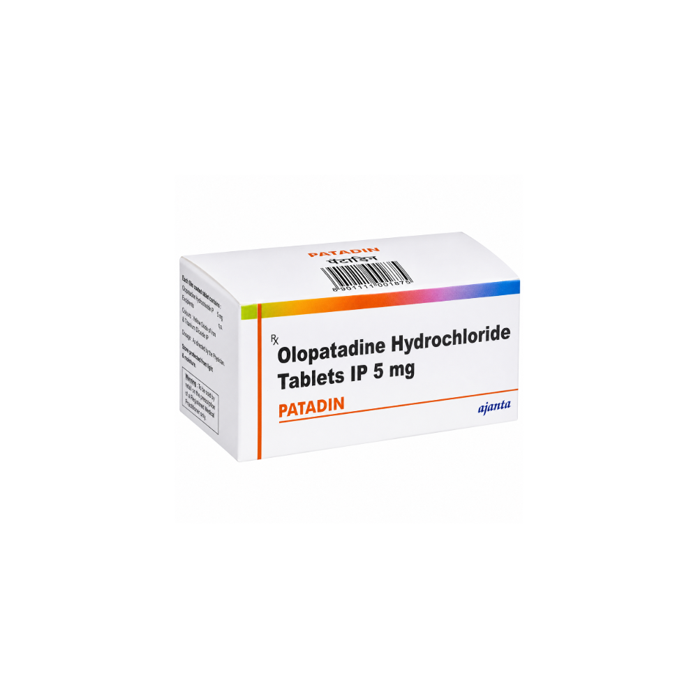 Box of Olopatadine Hydrochloride Tablets IP 5 mg with Patadin Tablet branding on a white background