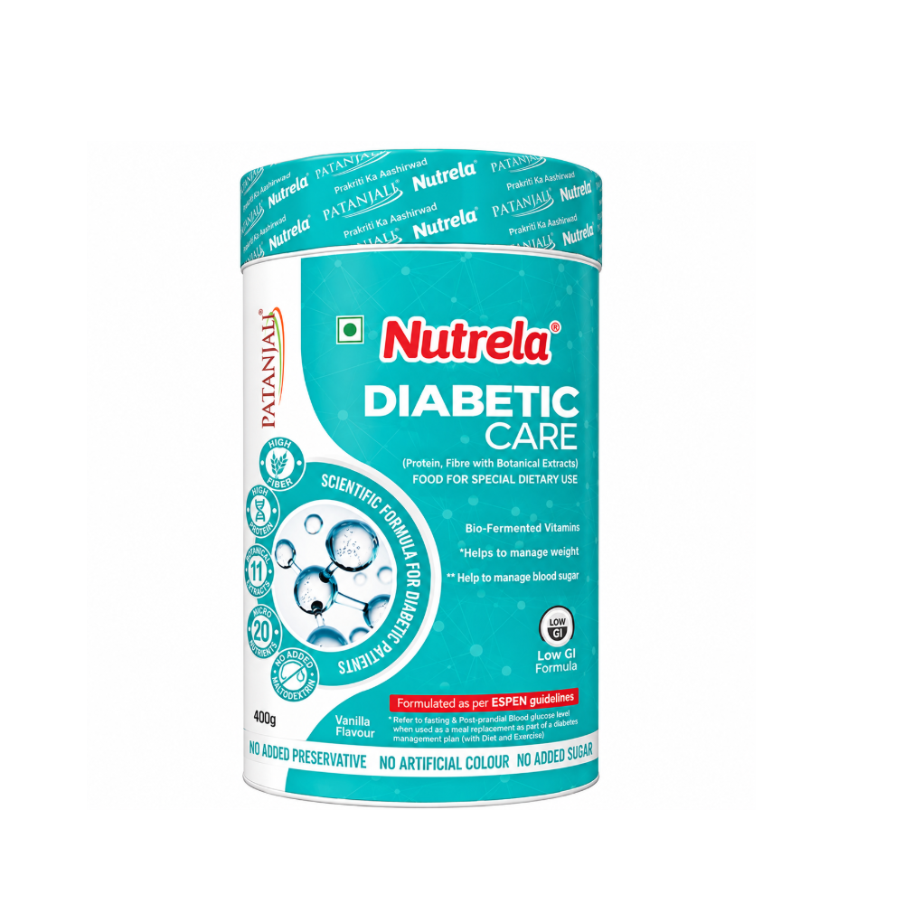 Patanjali Nutrela Diabetic Care 400g vanilla nutritional powder container front view with protein fibre and botanical extracts