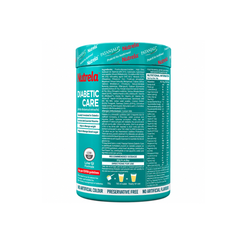 Back-side view of Patanjali Nutrela Diabetic Care showing nutritional information, ingredients, vitamins, minerals and botanical extracts