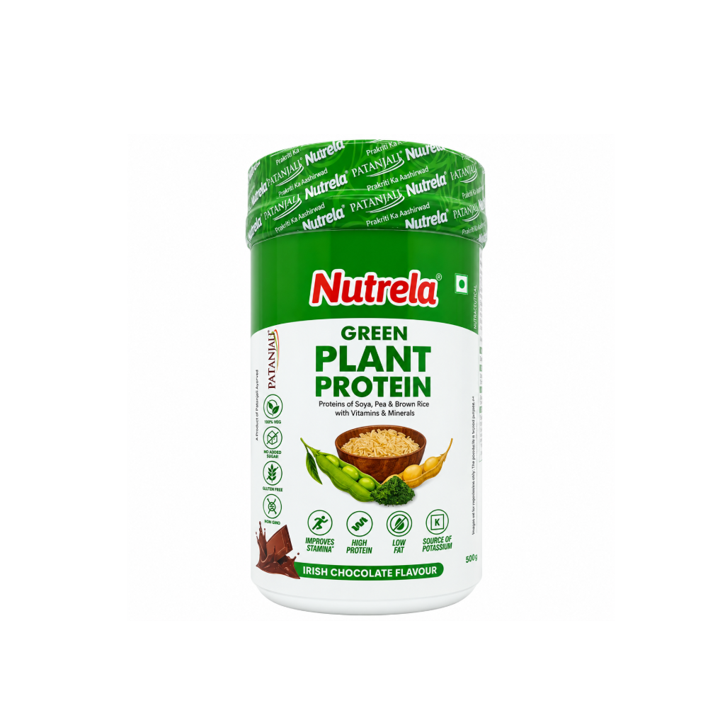 Patanjali Nutrela Green Plant Protein Irish Chocolate Flavour 500g container front view
