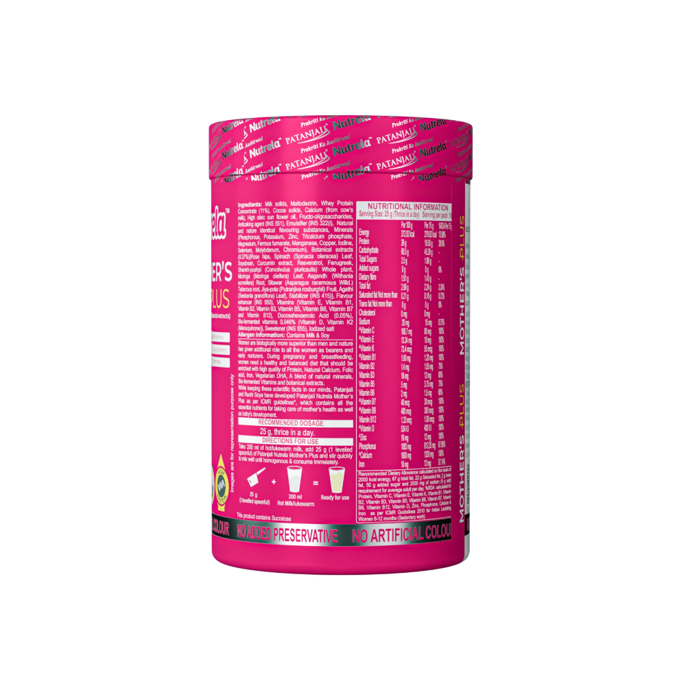 Back view of Patanjali Nutrela Mother's Plus 400g showing ingredients, nutritional information, vitamins, minerals and botanical extracts