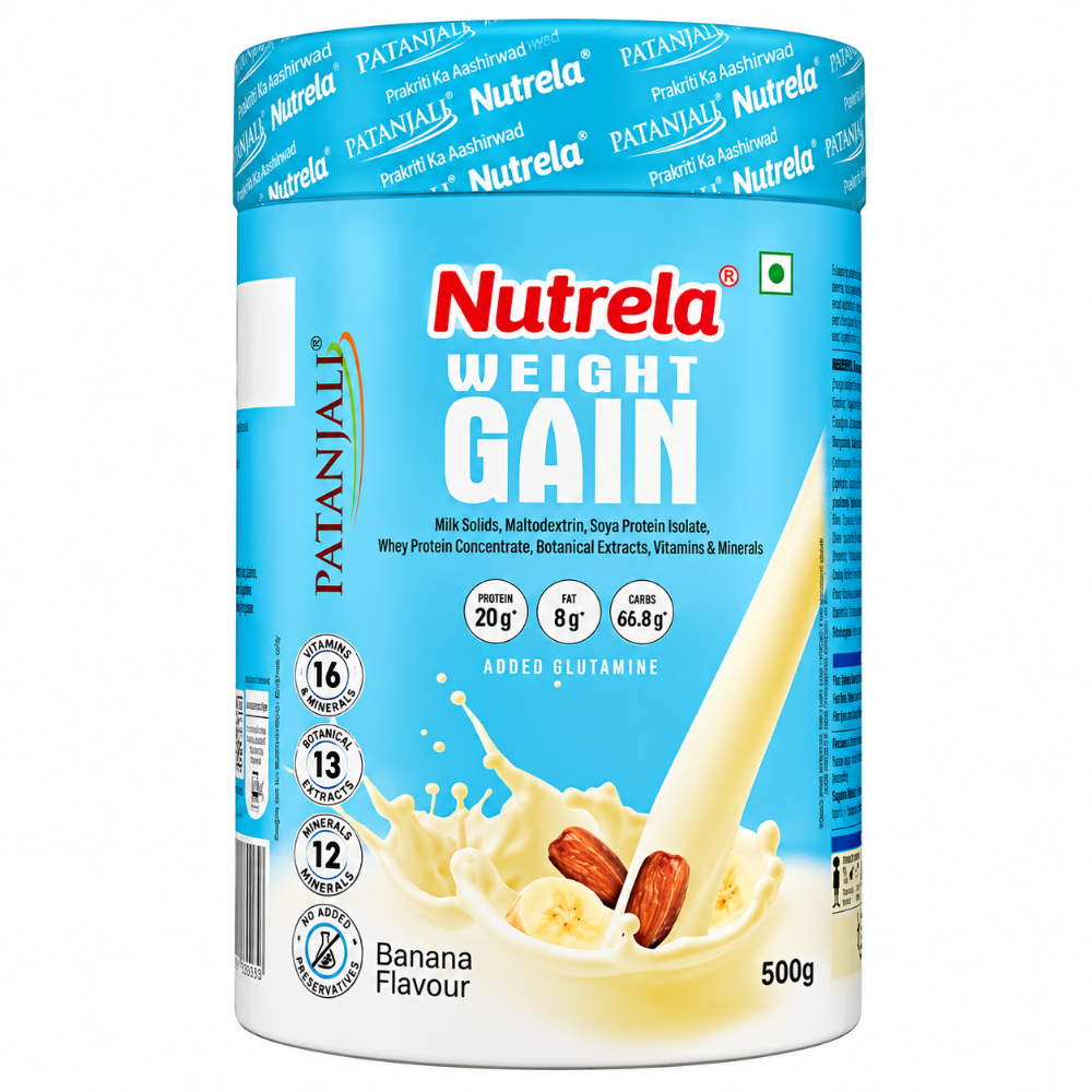 Patanjali Nutrela Weight Gain 500g banana flavour nutritional powder container front view