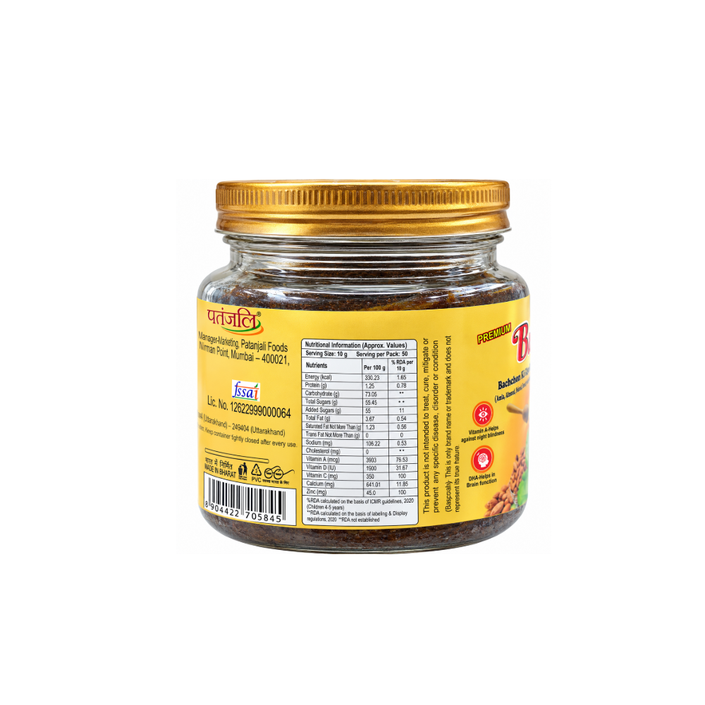 Patanjali Premium Balprash 500g nutrition information showing vitamins minerals calories sugars calcium and zinc