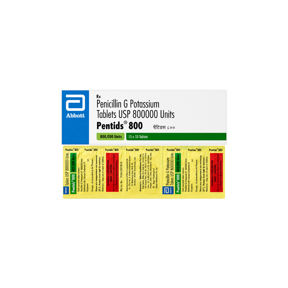 Box of Abbott Pentids 800 penicillin G potassium tablets on a white background