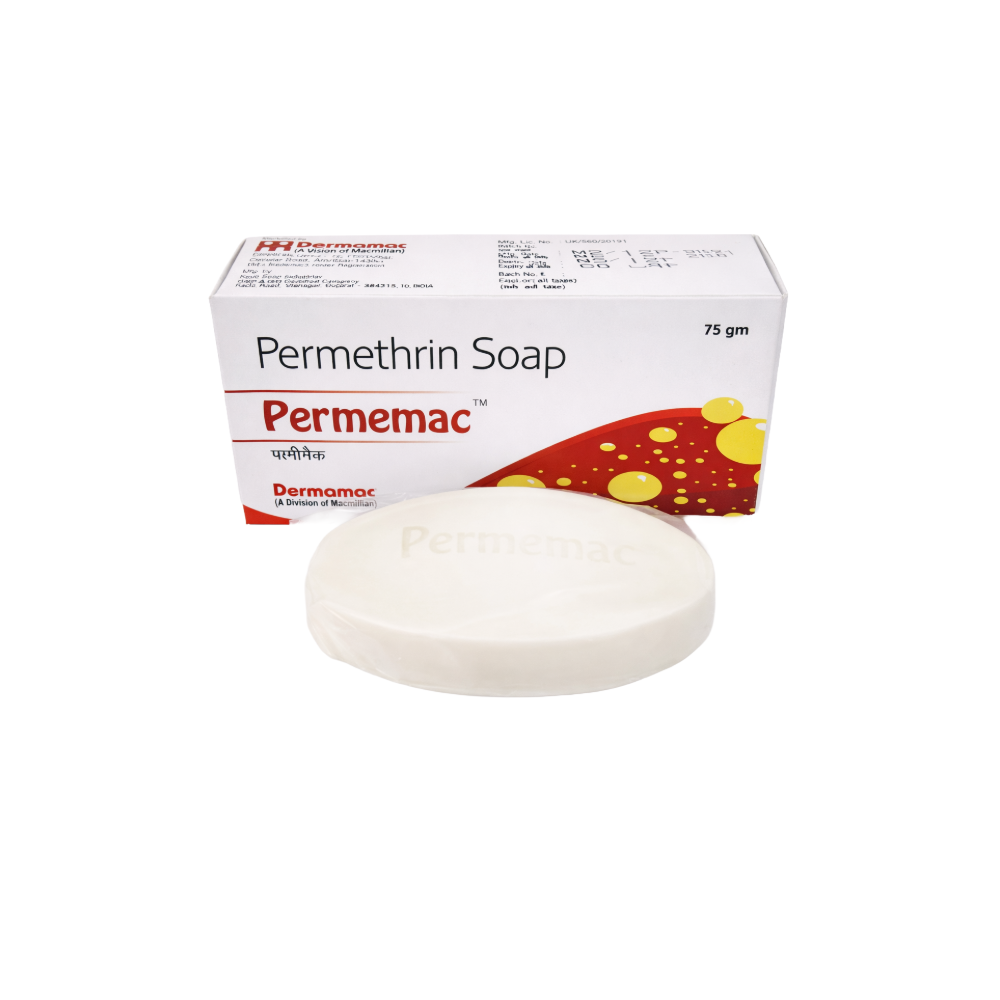 Permethrin soap with packaging on a white background