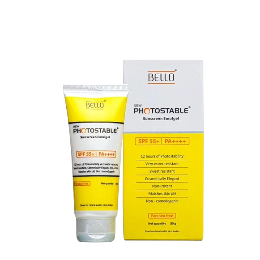 Bello Photostable sunscreen emulsion tube and packaging on a white background