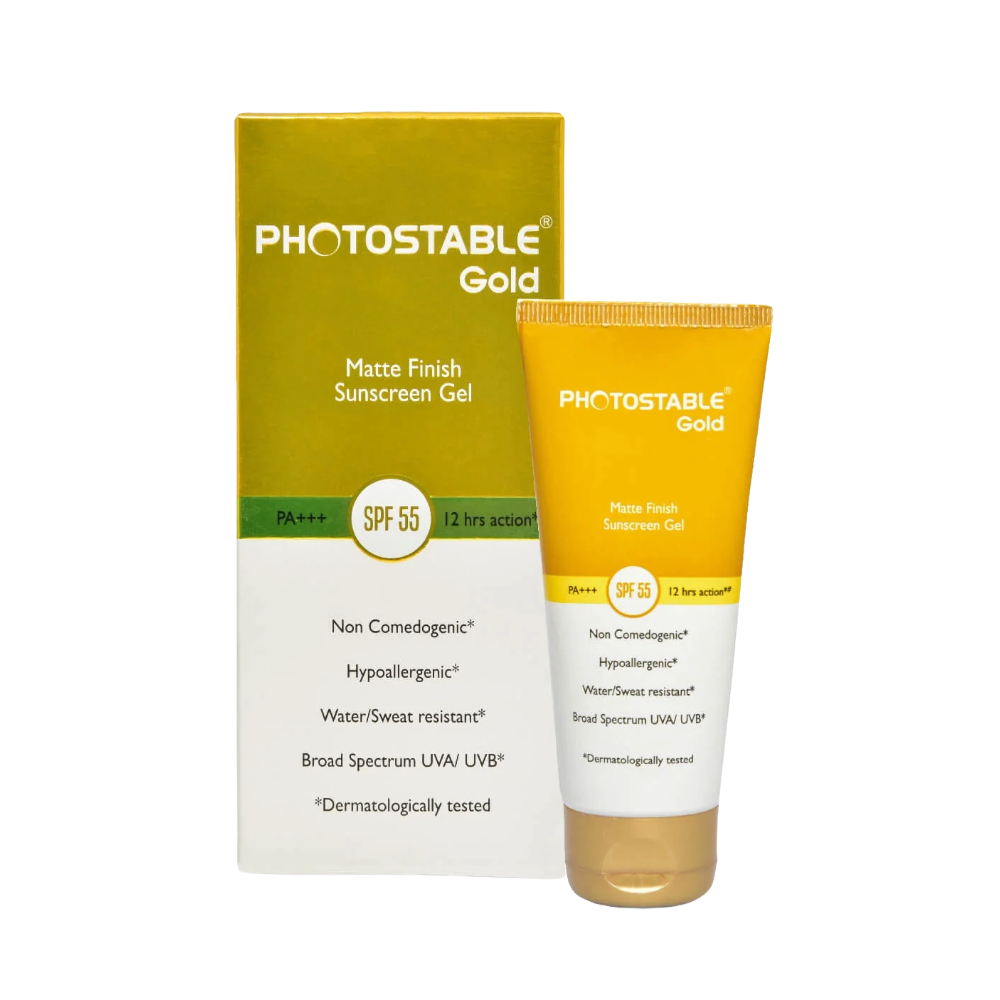 Photostable Gold sunscreen gel tube and packaging on a white background