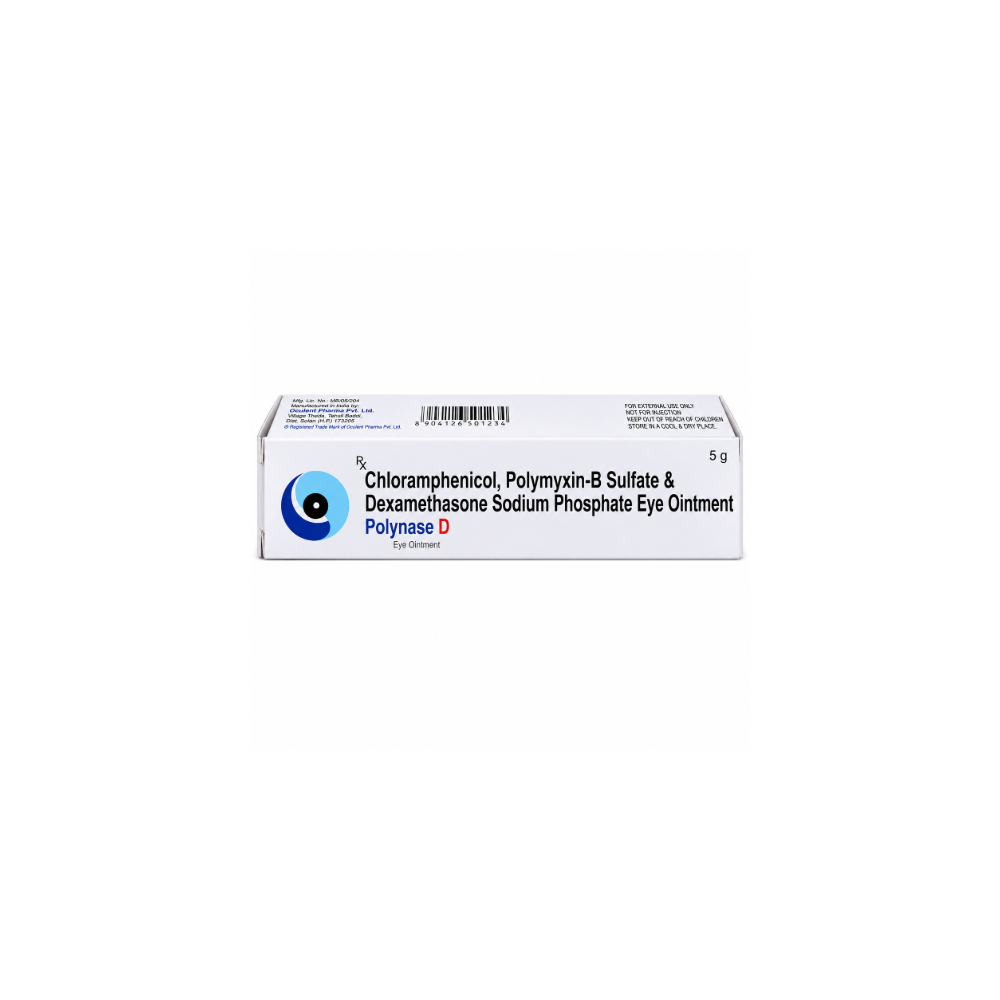 Polynase D Eye Ointment Box of Chloramphenicol, Polymyxin-B Sulfate & Dexamethasone Sodium Phosphate Eye Ointment on a white background Polynase D Eye Ointment