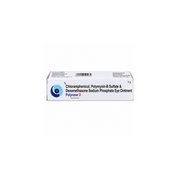 Polynase D Eye Ointment Box of Chloramphenicol, Polymyxin-B Sulfate & Dexamethasone Sodium Phosphate Eye Ointment on a white background Polynase D Eye Ointment