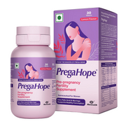 PregaHope pre-pregnancy fertility supplement bottle and packaging on a white background