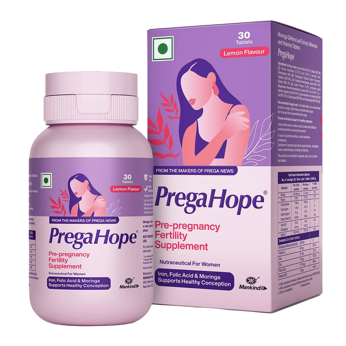 PregaHope pre-pregnancy fertility supplement bottle and packaging on a white background