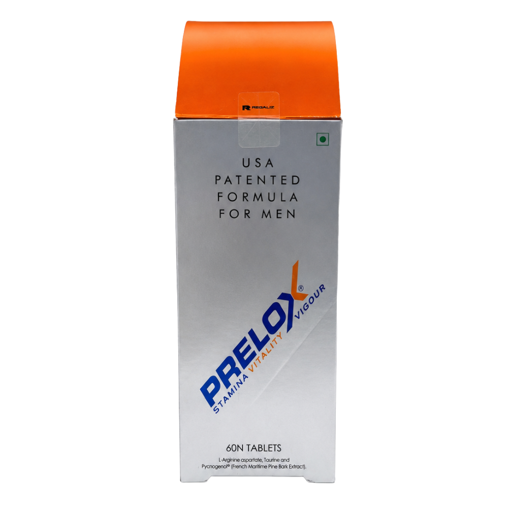 Prelox Tablets 60 Front View
Men's Wellness Supplement**
Front view of Prelox Tablets 60 pack with L-Arginine Aspartate, Taurine and Pycnogenol® men's wellness supplement.