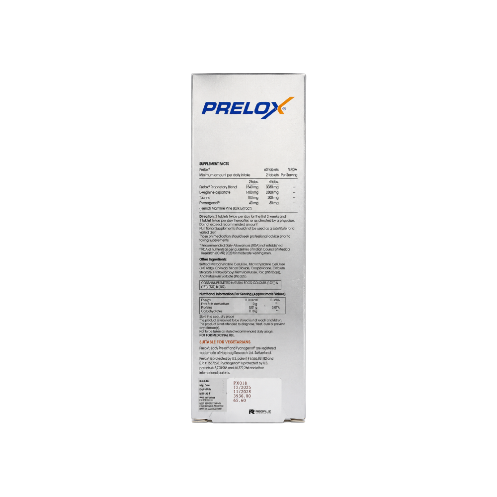 Prelox Tablets 60 Supplement Facts & Directions
Back side of Prelox Tablets pack showing supplement facts, ingredients, nutritional information and usage directions.
Supplement facts, ingredients, dosage instructions and nutritional information of Prelox® Tablets.