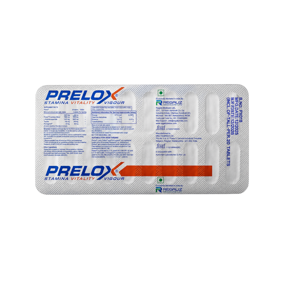 Prelox Tablets Blister Pack Back Side
Back view of Prelox Tablets blister pack displaying branding, manufacturer information and batch details.
Original Prelox® blister pack with manufacturer information and product details.