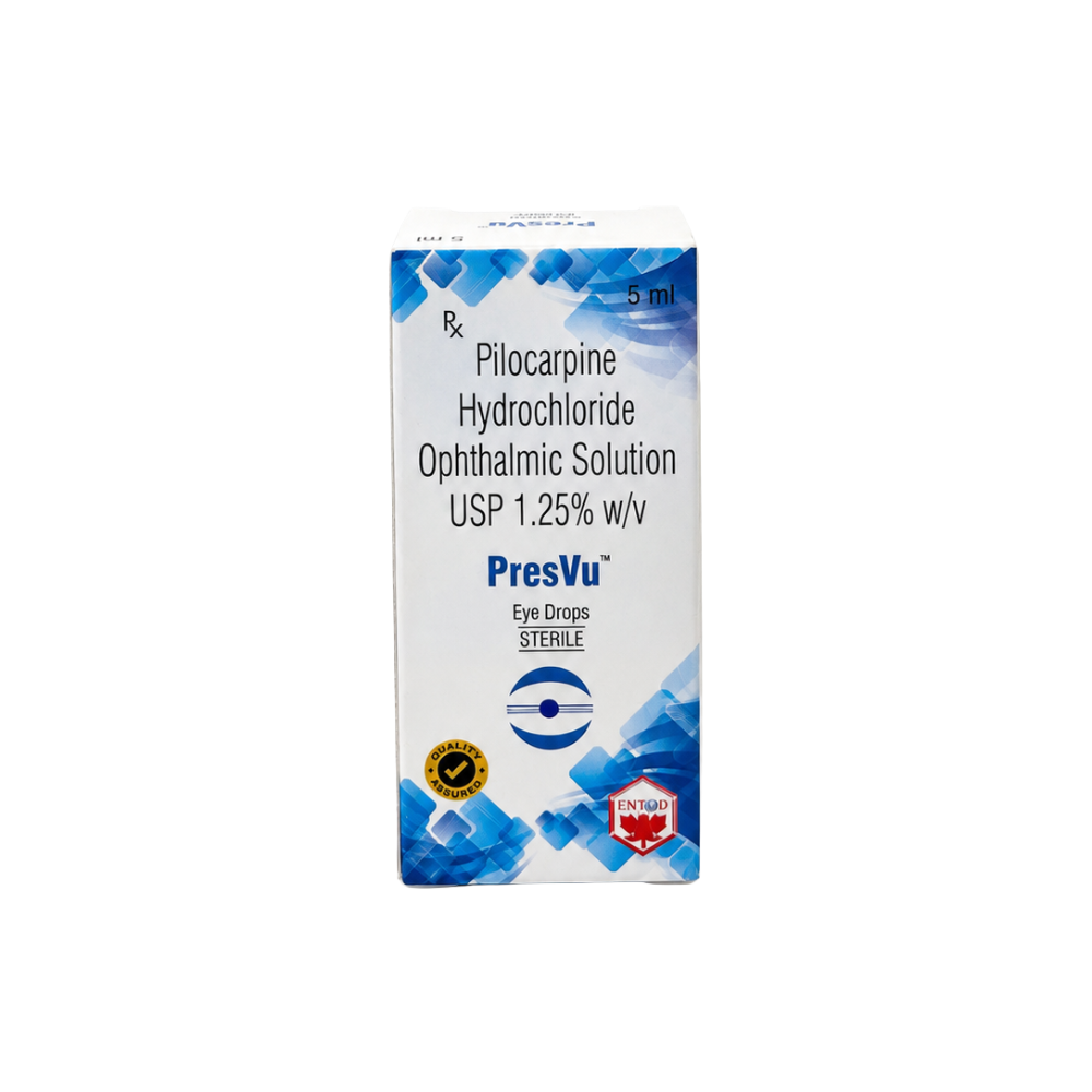 PresVu Pilocarpine Hydrochloride Ophthalmic Solution USP 1.25% w/v 5 ml eye drops front packaging