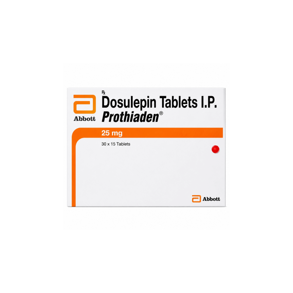 Box of Dosulepin Tablets I.P. by Abbott on a white background Prothiaden-Tablet
