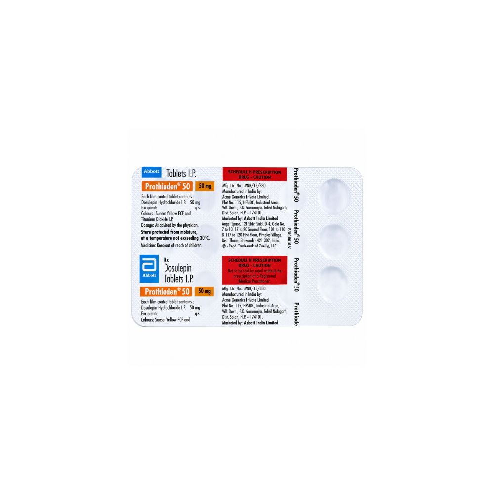 Medication package with label on a white background of As per Direction of Physician Prothiaden 50 Tablet